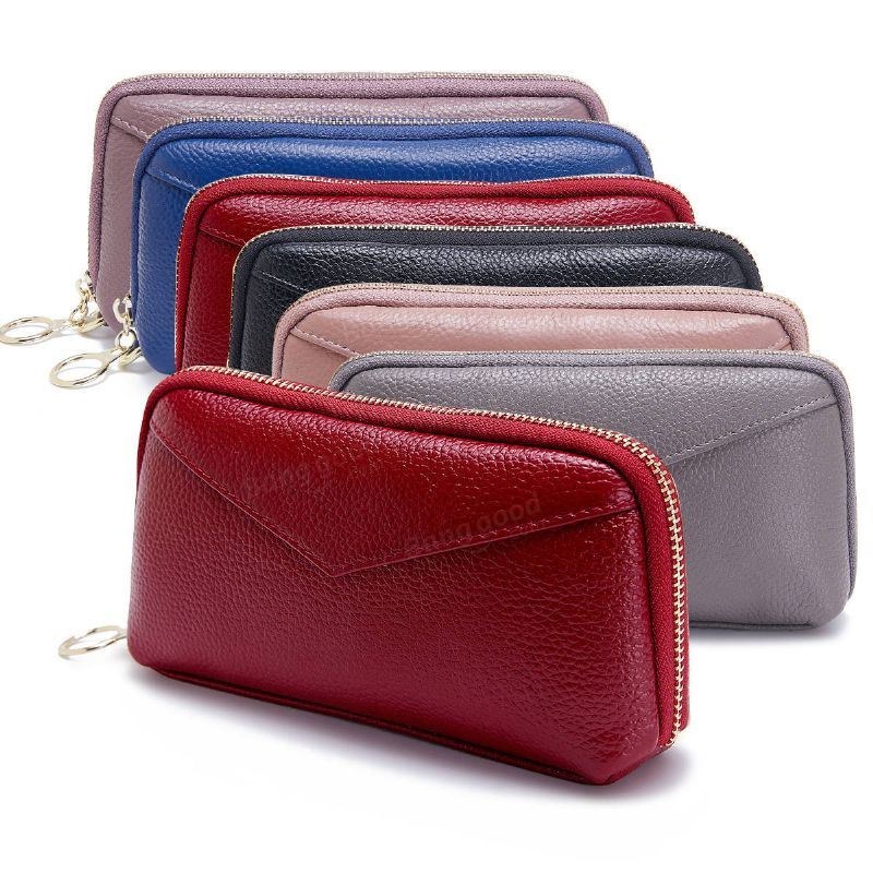 Dame Ægte Læder Clutch Taske Lynlås Lang Pung Tofold Pung