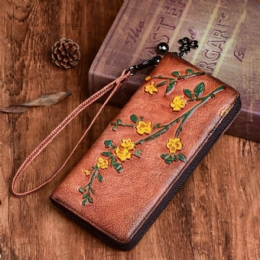 Dame Ægte Læder Tegnebog Blomsterpræget Mønster Retro Lang Møntpung Pengepunge Clutch Tasker