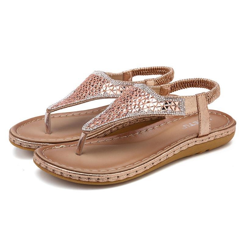 Bohemian Rhinestone Elastic Band Flat Sandaler Til Kvinder