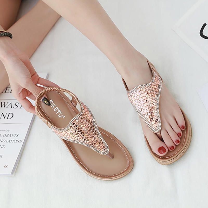Bohemian Rhinestone Elastic Band Flat Sandaler Til Kvinder