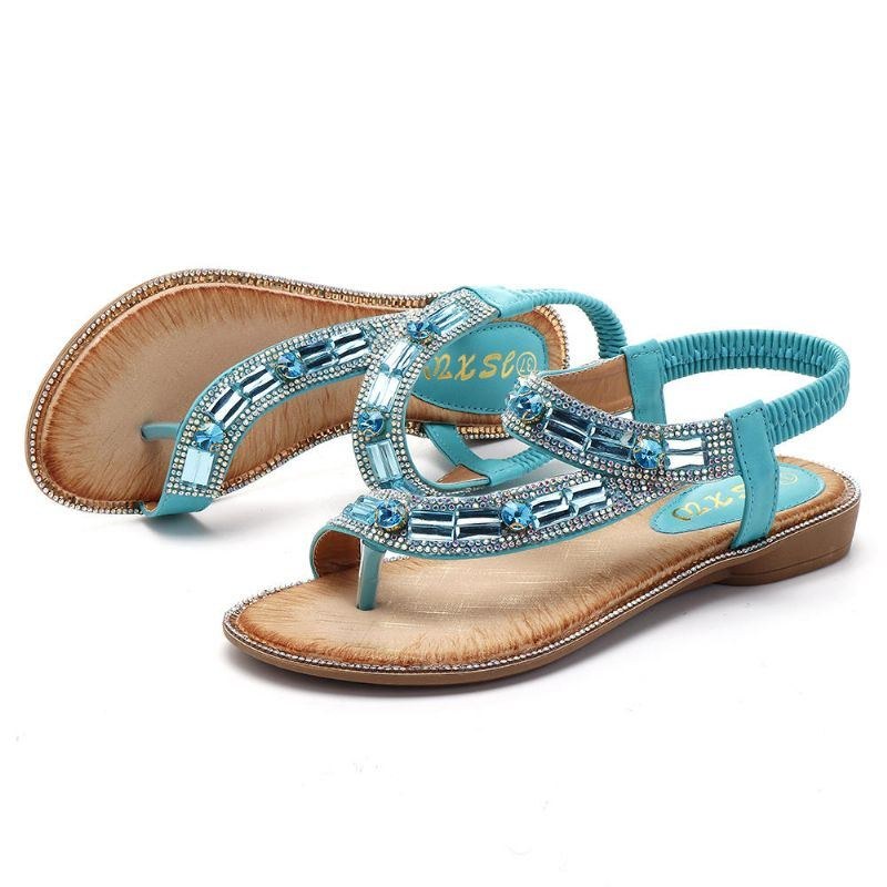 Bohemian Women Rhinestone Flade Sandaler Flip Flop Sko