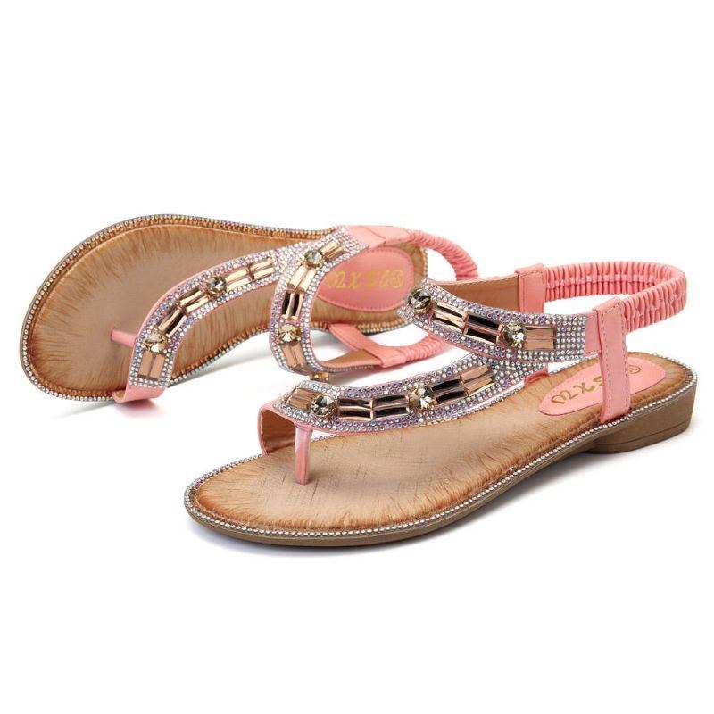Bohemian Women Rhinestone Flade Sandaler Flip Flop Sko
