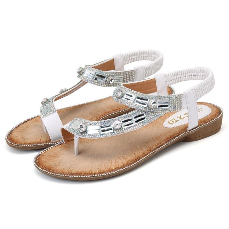 Bohemian Women Rhinestone Flade Sandaler Flip Flop Sko