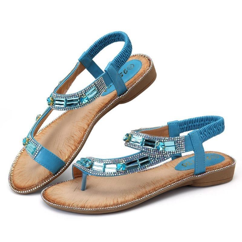 Bohemian Women Rhinestone Flade Sandaler Flip Flop Sko