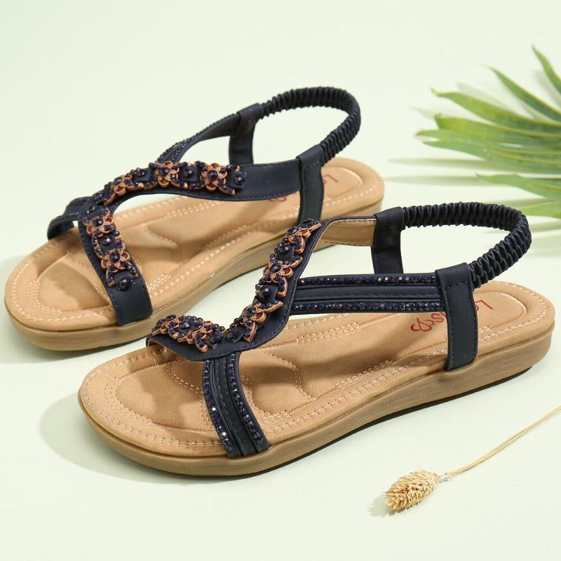 Dame Beading Åben Tå Elastisk Bånd Blød Sål Casual Flade Sandaler