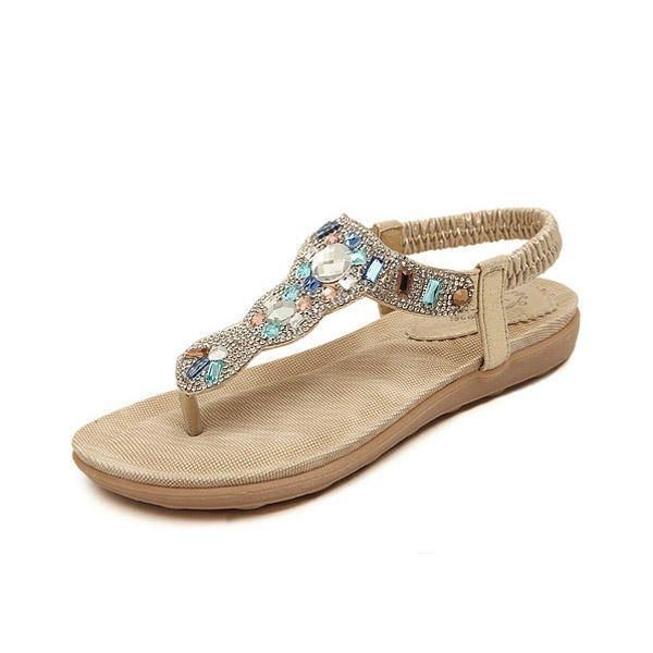 Dame Bohemia Bead Rhinestone Elastic Beach Flat Sandaler Peep Toe Flip Flops