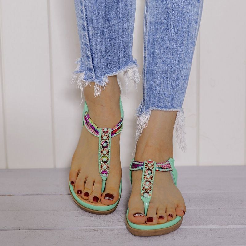 Dame Bohemia Beading Elastisk Bånd Clip Toe Blød Sål Causal Sommer Flade Sandaler