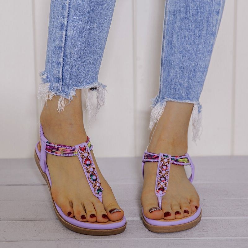 Dame Bohemia Beading Elastisk Bånd Clip Toe Blød Sål Causal Sommer Flade Sandaler