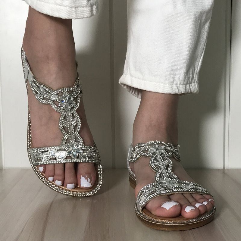 Dame Bohemia Rhinestone Hollow Elastic Slip On Casual Sandaler