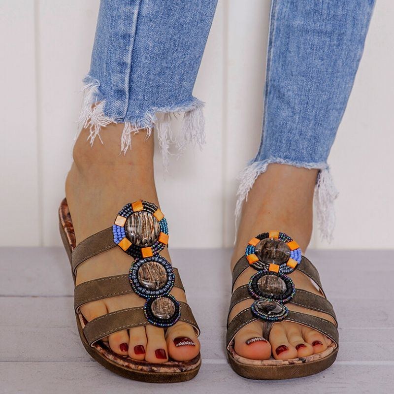 Dame Bohemian Bead Dekoration Clip Toe Blomstermønster Blød Sål Casual Sommer Strand Flade Sandaler