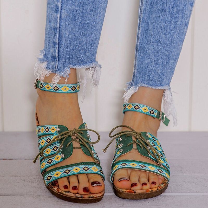 Dame Bohemian Brodered Folkways Open Toe Spænde Casual Sommer Strand Flade Sandaler