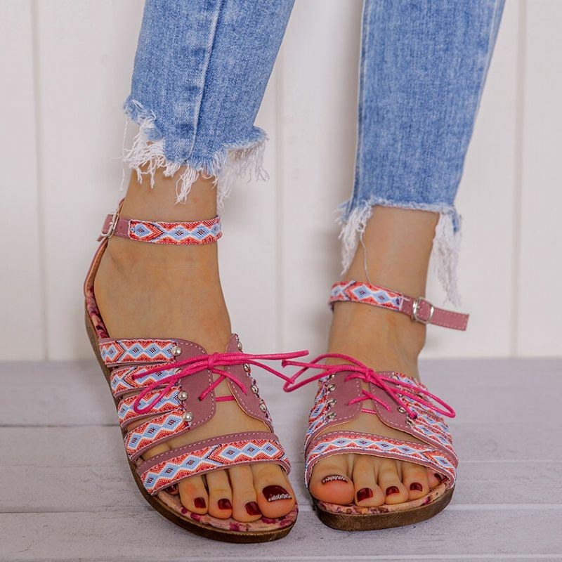 Dame Bohemian Brodered Folkways Open Toe Spænde Casual Sommer Strand Flade Sandaler