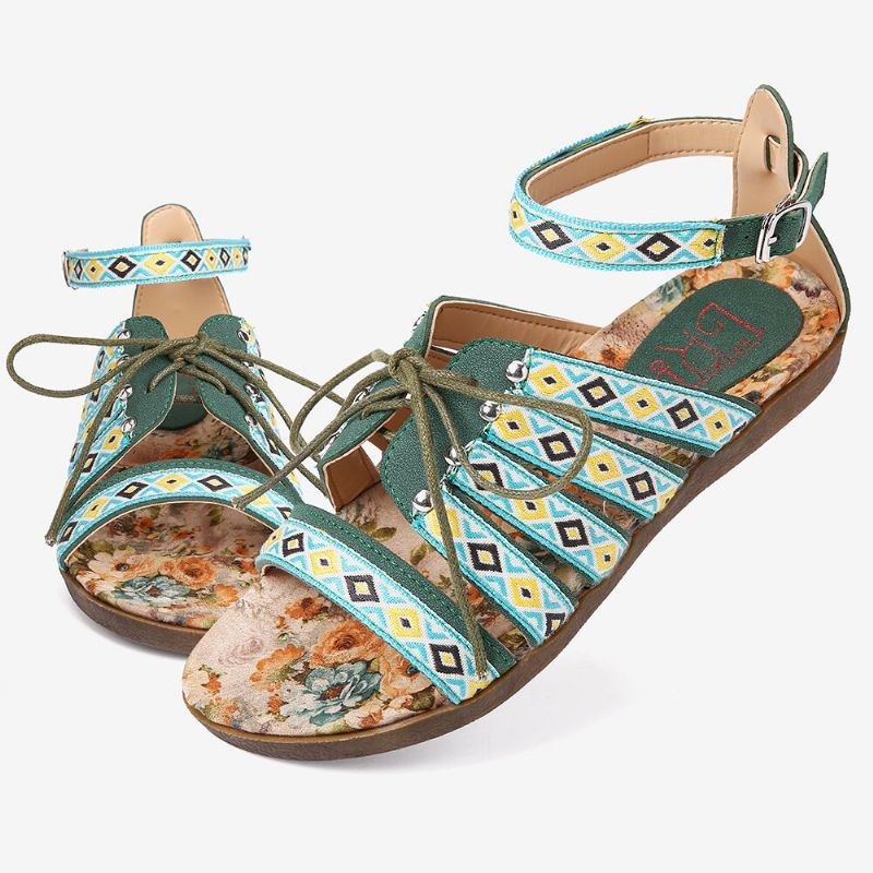 Dame Bohemian Brodered Folkways Open Toe Spænde Casual Sommer Strand Flade Sandaler