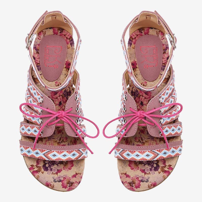 Dame Bohemian Brodered Folkways Open Toe Spænde Casual Sommer Strand Flade Sandaler