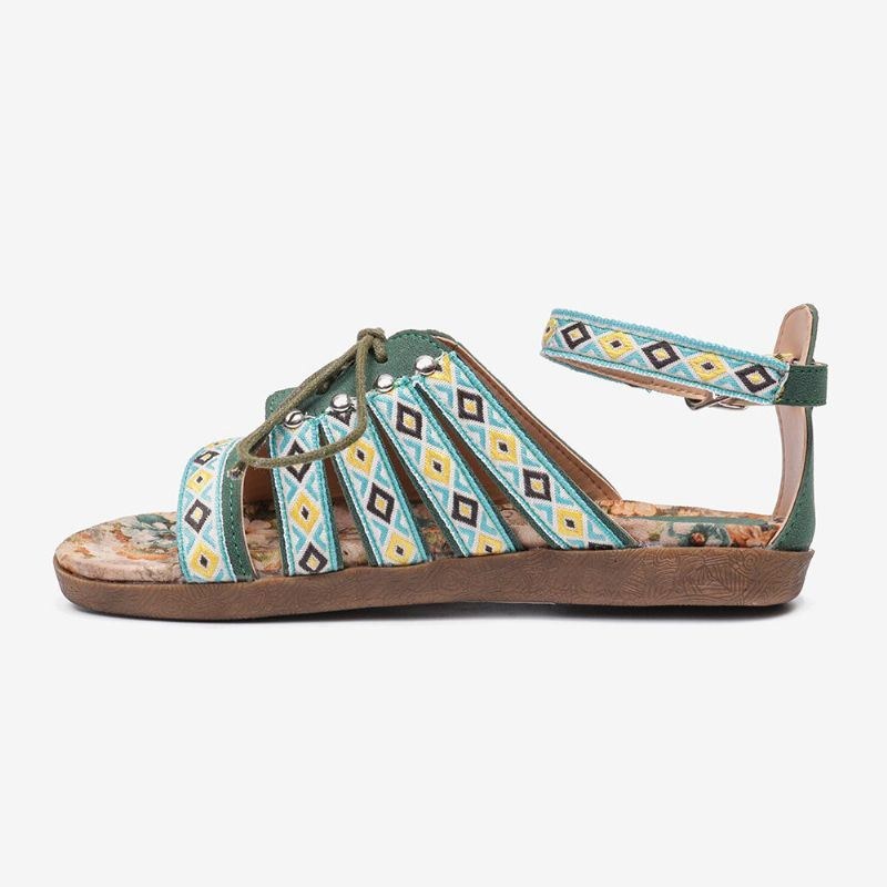 Dame Bohemian Brodered Folkways Open Toe Spænde Casual Sommer Strand Flade Sandaler