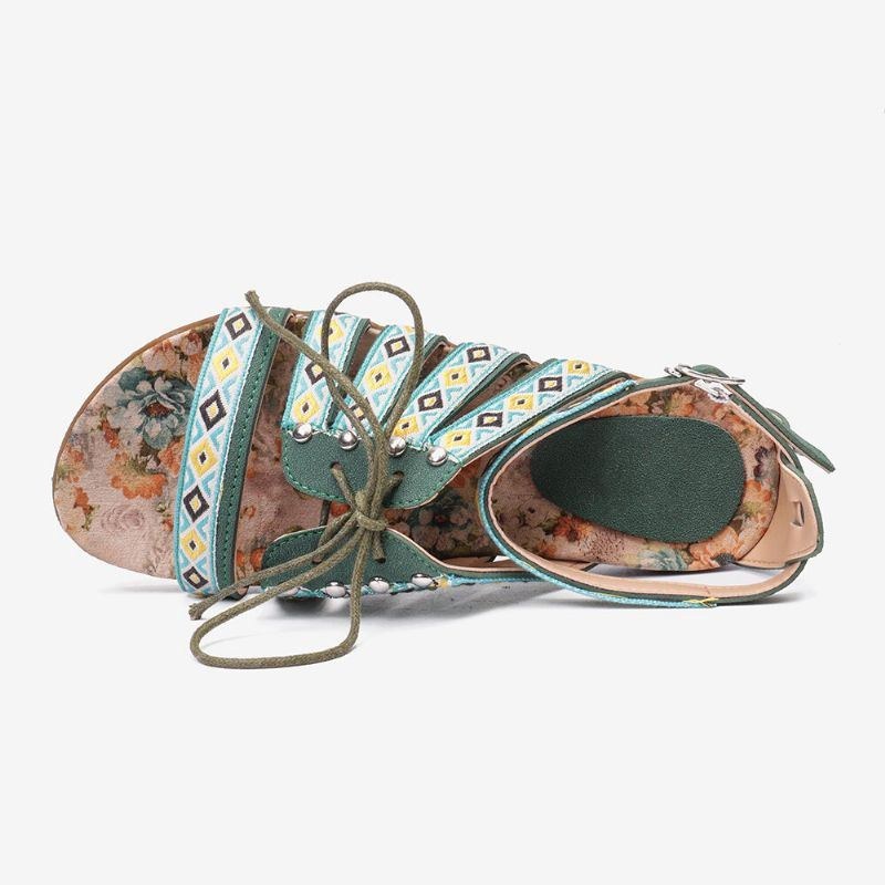 Dame Bohemian Brodered Folkways Open Toe Spænde Casual Sommer Strand Flade Sandaler
