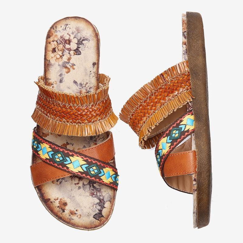 Dame Bohemian Cross Strap Weave Tassel Åben Tå Casual Beach Flat Sandaler
