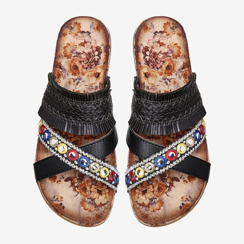 Dame Bohemian Cross Strap Weave Tassel Åben Tå Casual Beach Flat Sandaler