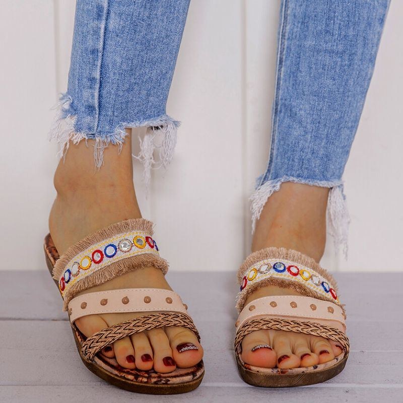 Dame Bohemian Weave Åben Tå Blomstermønster Sål Casual Sommer Strand Flade Sandaler