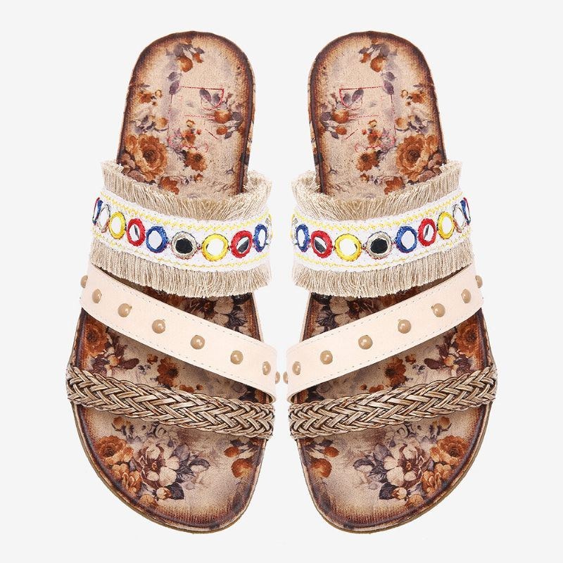 Dame Bohemian Weave Åben Tå Blomstermønster Sål Casual Sommer Strand Flade Sandaler