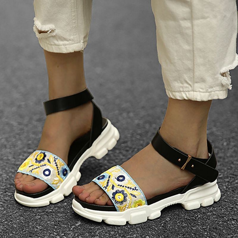 Dame Broderede Strappy Sport Platform Sandaler