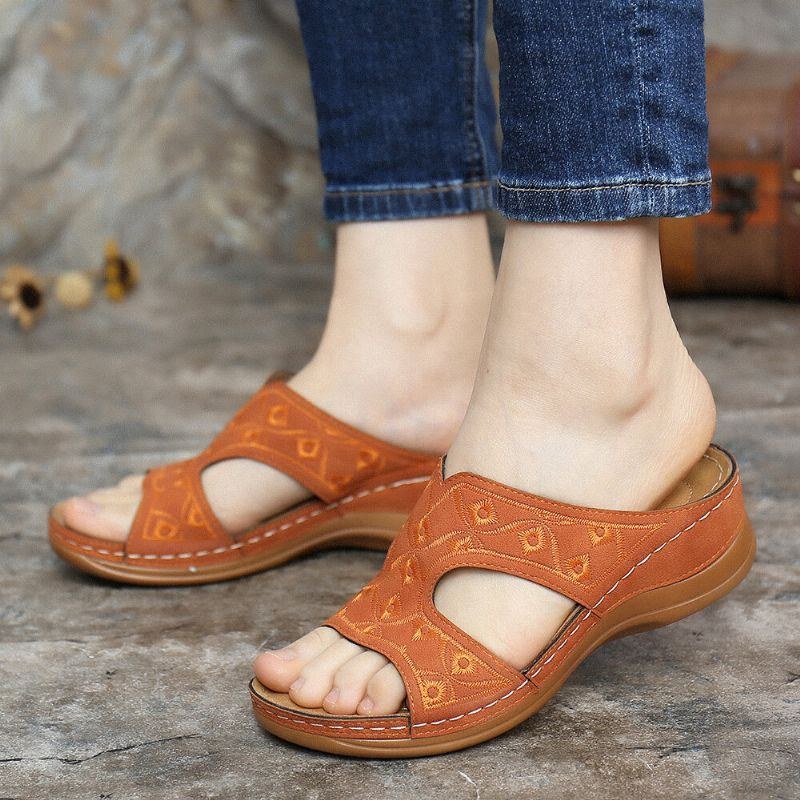 Dame Broderi Åben Tå Behagelig Casual Slip On Summer Wedge Sandaler