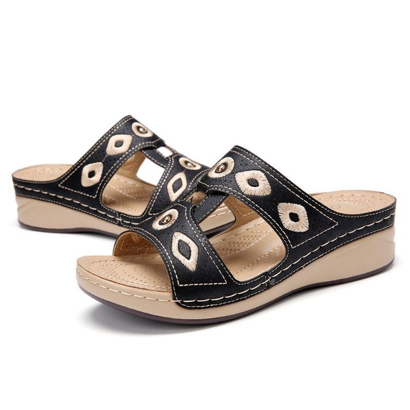 Dame Broderi Åben Tå Slip On Comfy Casual Wedge Sandaler
