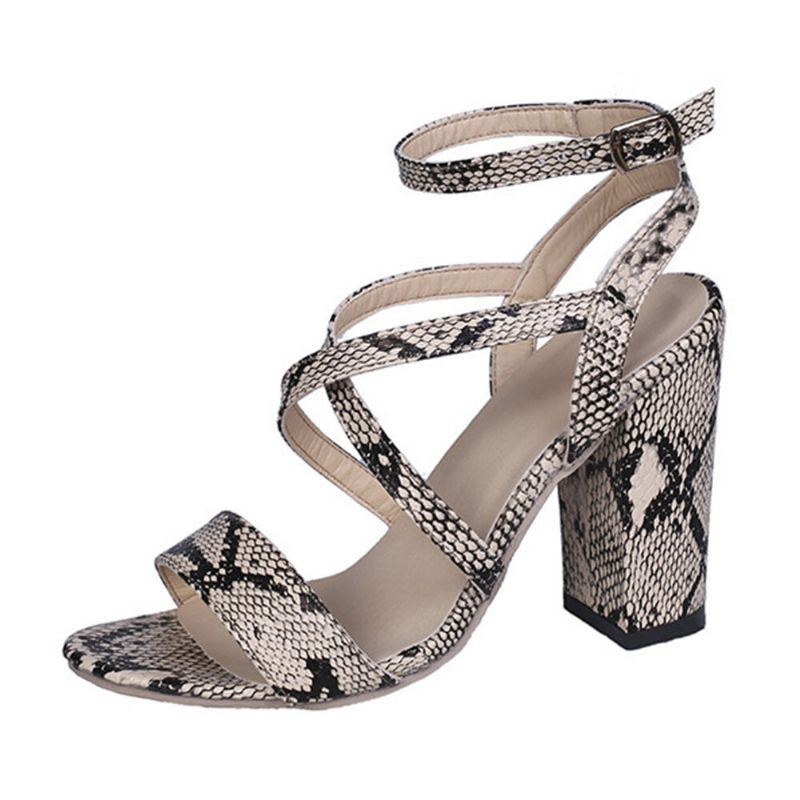 Dame Casual Snake Pattern Spænde Antiskrid Bærbare Chunky Heels Stribesandaler