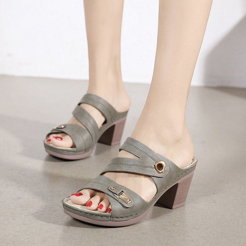 Dame Comfy Metal Spænde Peep Toe Rygløse Chunky Heel Sandaler