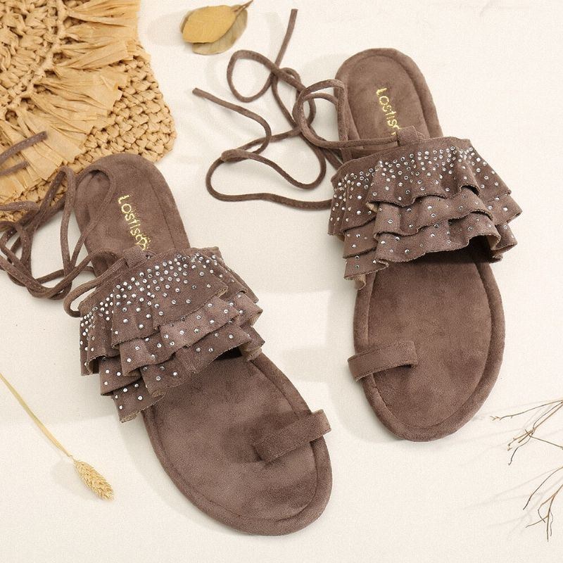 Dame Comfy Rhinestone Ruched Lace Up Sandaler