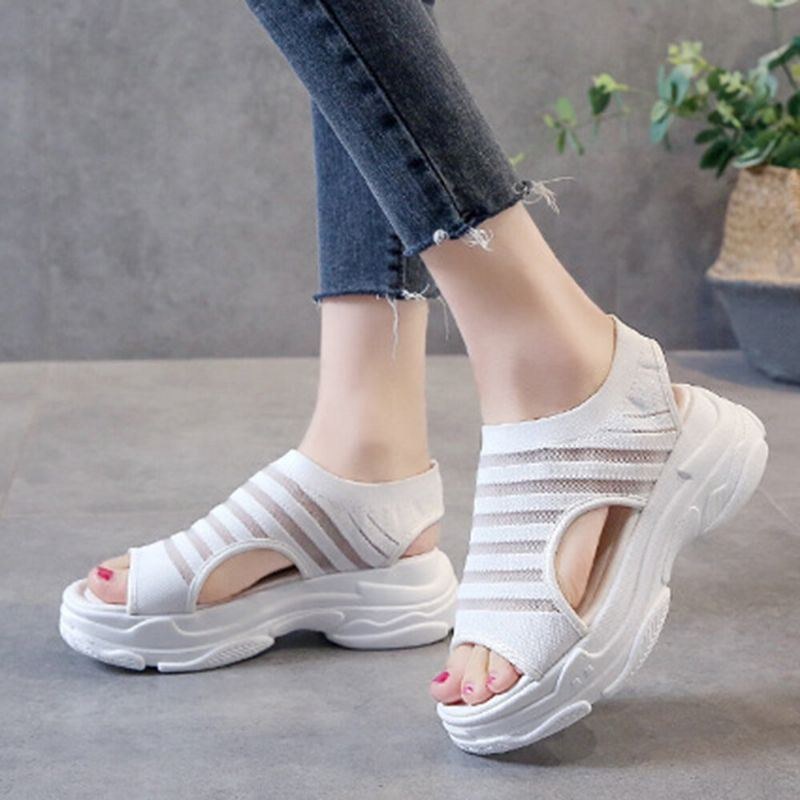 Dame Ensfarvet Åndbar Mesh-overdel Peep Toe-sandaler