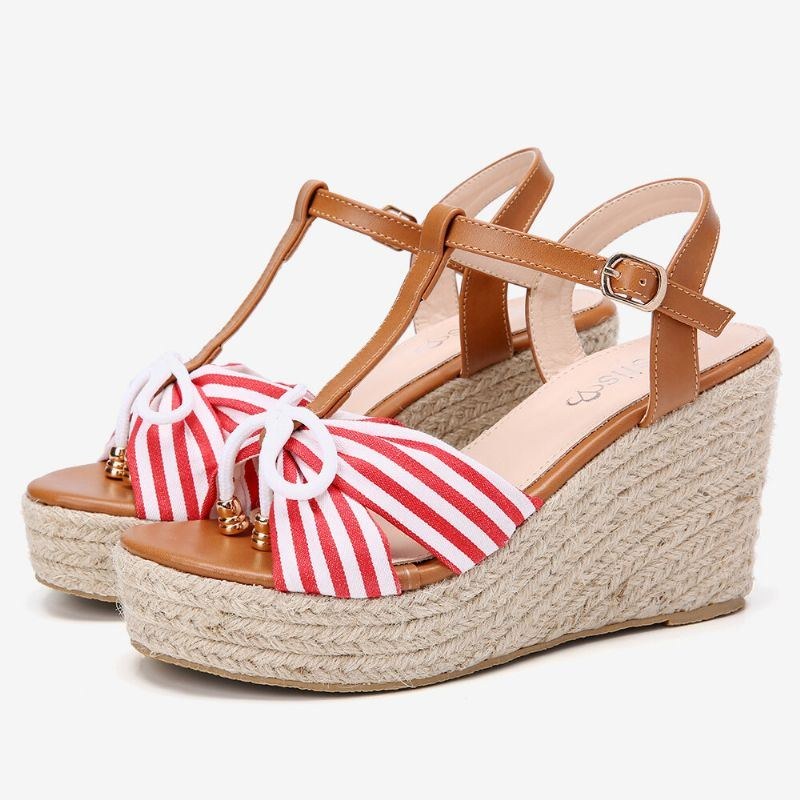 Dame Espadriller Stribet T-strop Cross Strap Casual Beach Wedge Sandaler