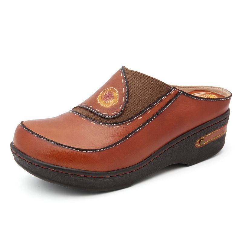 Dame Læder Blomster Elastik Splejsning Slip-on Mules Træsko Skridsikre Sandaler