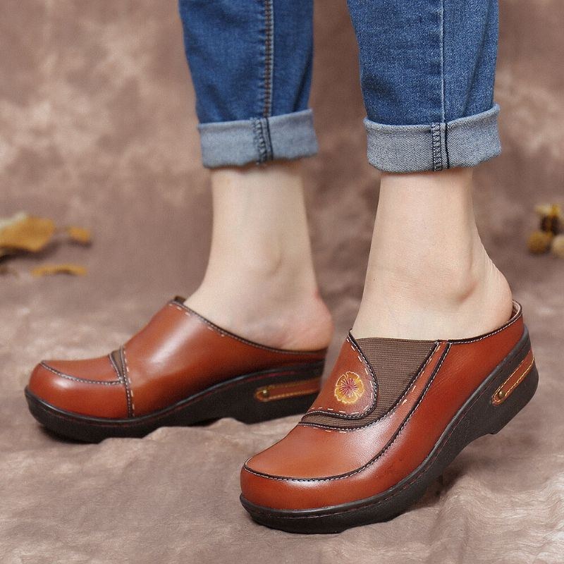 Dame Læder Blomster Elastik Splejsning Slip-on Mules Træsko Skridsikre Sandaler