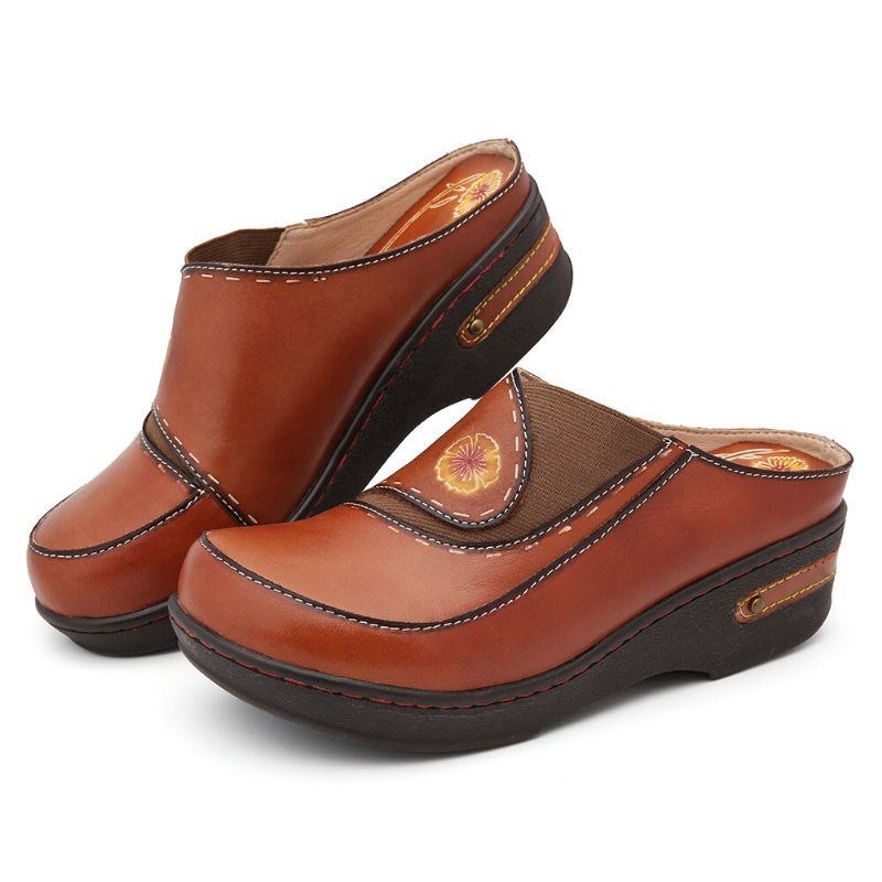 Dame Læder Blomster Elastik Splejsning Slip-on Mules Træsko Skridsikre Sandaler
