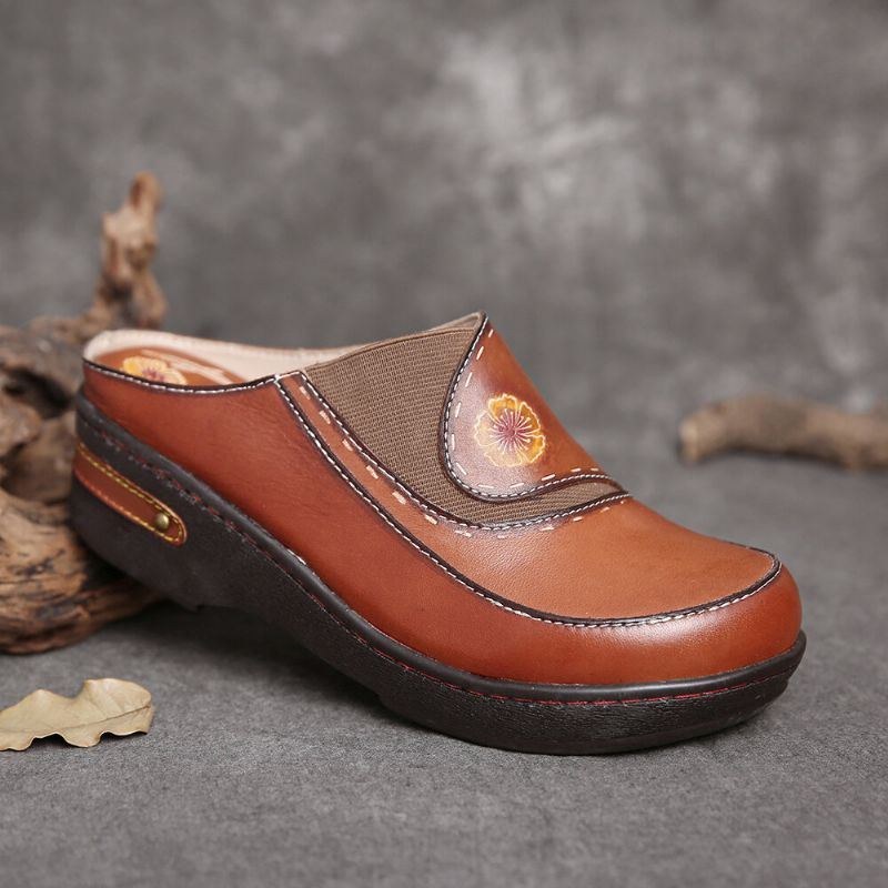 Dame Læder Blomster Elastik Splejsning Slip-on Mules Træsko Skridsikre Sandaler