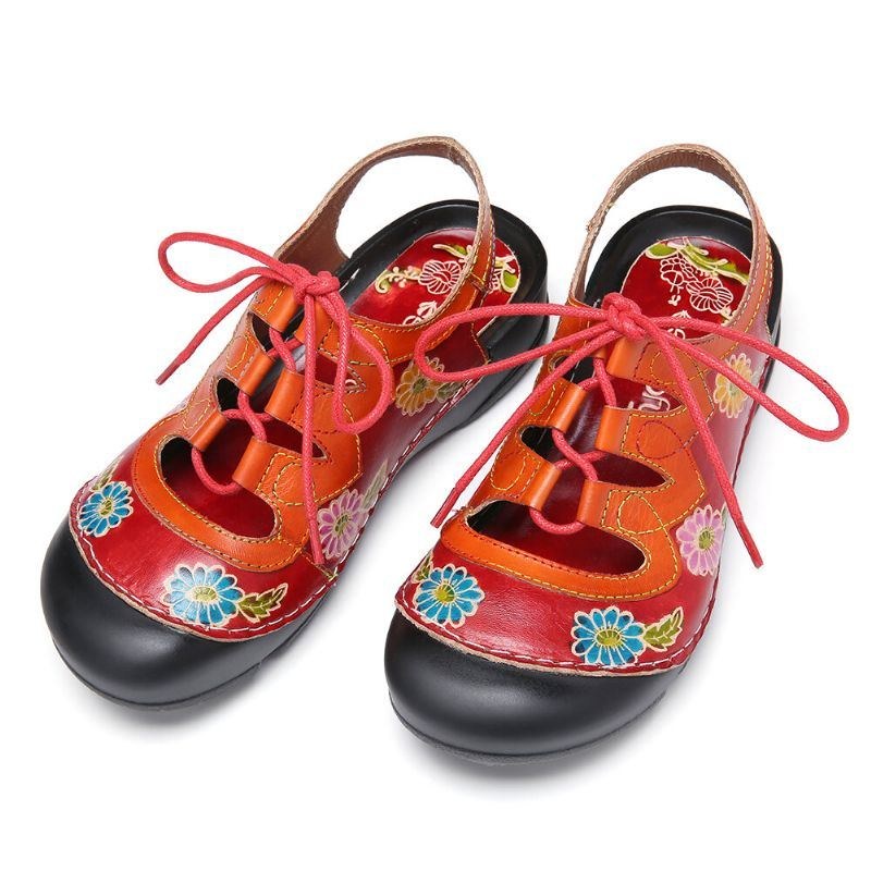 Dame Læder Blomster Splejsningsudskæring Syning Snøring Slingback Mules Træsko Flade Sandaler