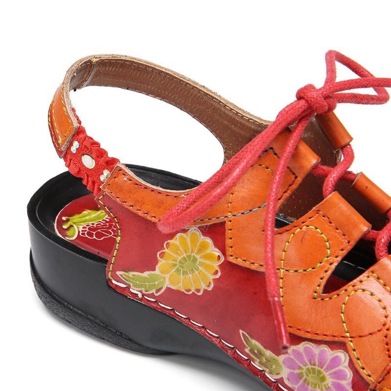 Dame Læder Blomster Splejsningsudskæring Syning Snøring Slingback Mules Træsko Flade Sandaler