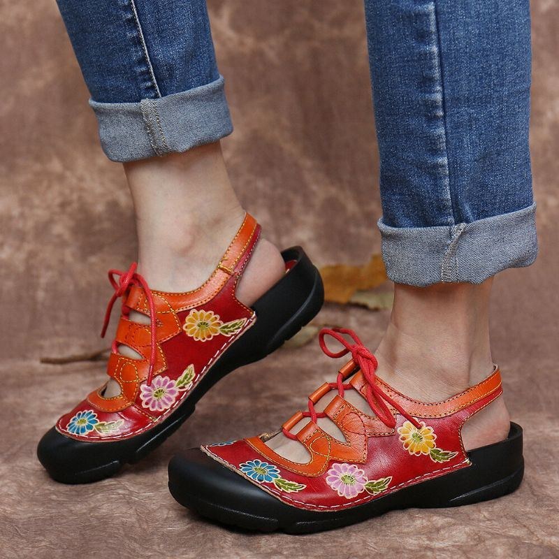 Dame Læder Blomster Splejsningsudskæring Syning Snøring Slingback Mules Træsko Flade Sandaler