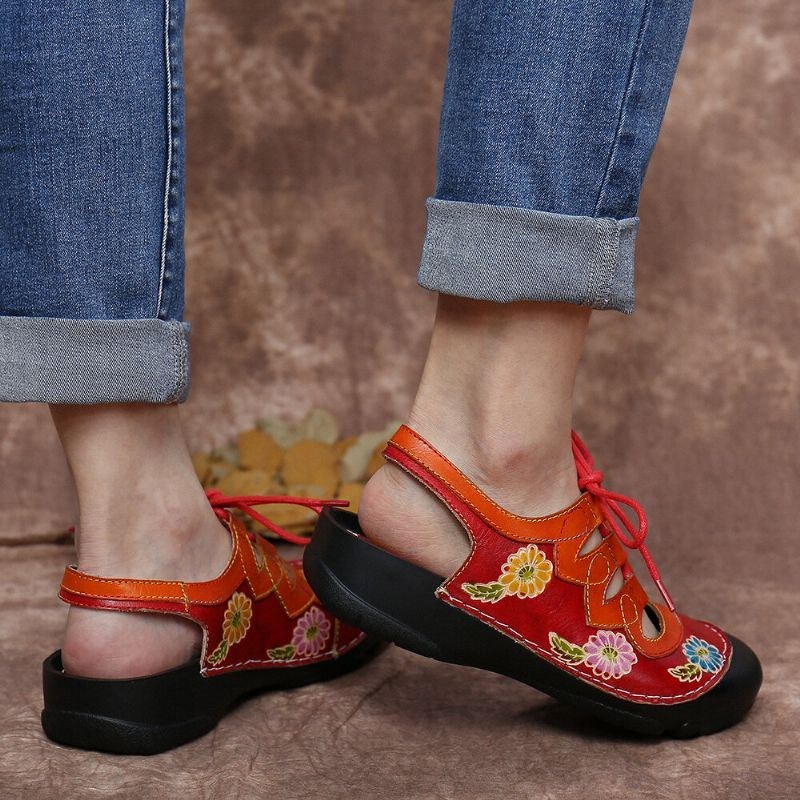 Dame Læder Blomster Splejsningsudskæring Syning Snøring Slingback Mules Træsko Flade Sandaler