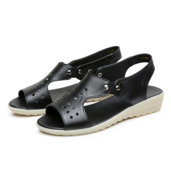Dame Læder Udhulet Peep Toe Slip On Bløde Sandaler