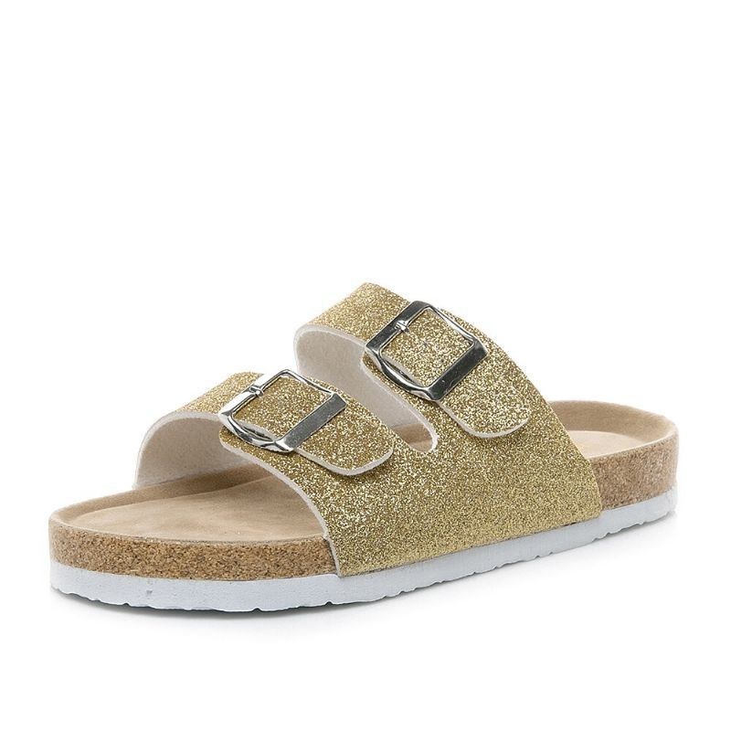 Dame Large Størrelse Casual Bling Pailletter Dual Strap Spænde Flade Hjemmesko Korksandaler