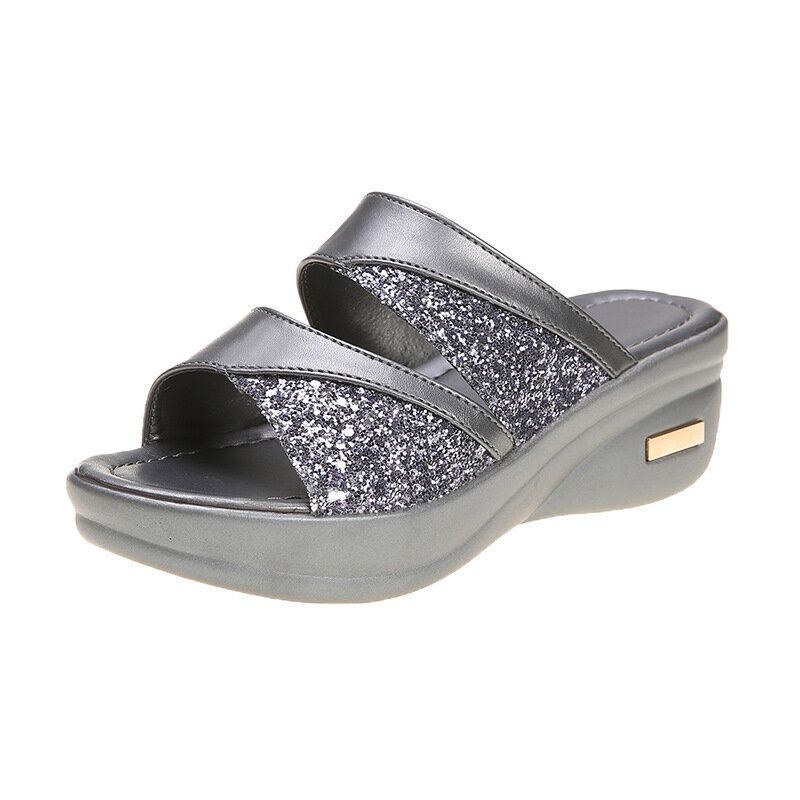 Dame Pailletter Splejsning Åben Tå Comfy Summer Wedge Sandaler