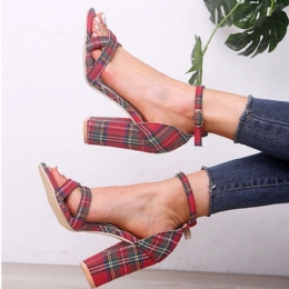 Dame Plaid Cross Strap Gitter Decor Spænde Højhælede Sandaler