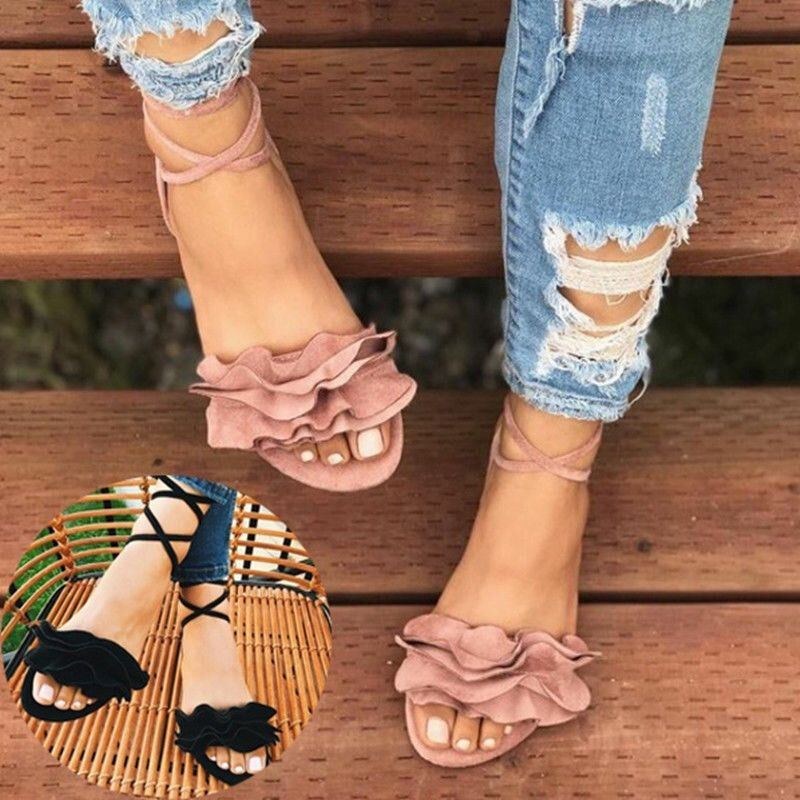 Dame Plus Size Strappy Ensfarvet Snørebånd Mode Sommer Strand Causal Flade Sandaler