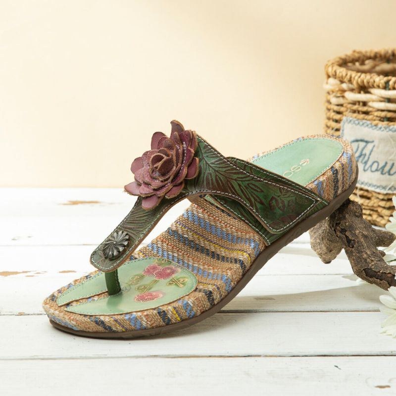 Dame Retro Blomstertryk Læder Behagelig Fladstribet Sandaler