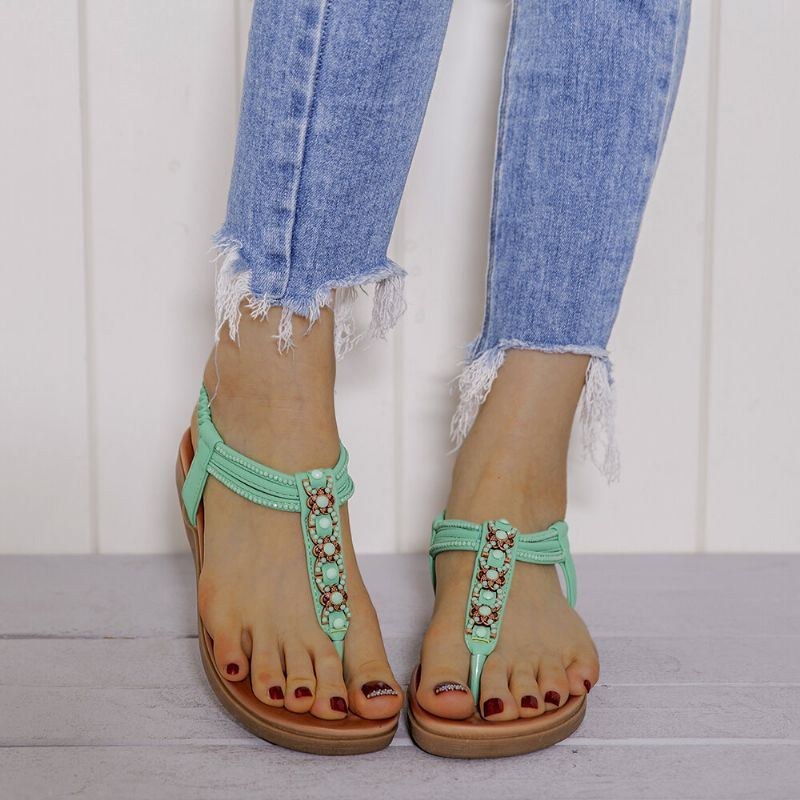 Dame T-strop Beading Elastikbånd Slip On Casual Strand Sommer Flade Sandaler