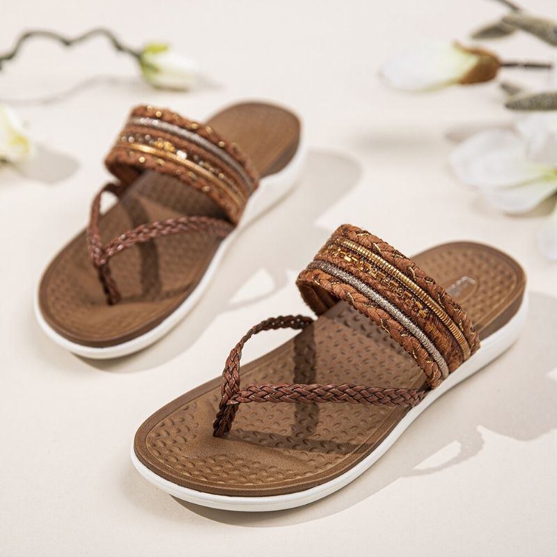 Dame Vævet Flip Flops Clip Toe Blød Sål Slip On Flat Sandaler