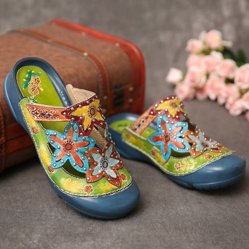 Håndlavet Læder Besat Med Blomster-slip-on Flade Slides Mules Træsko Sandaler