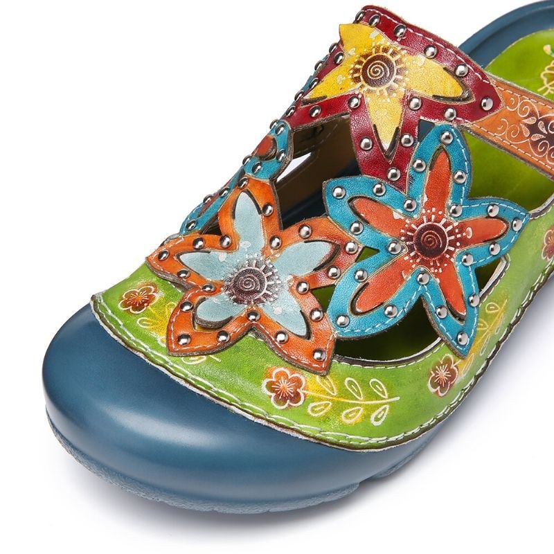 Håndlavet Læder Besat Med Blomster-slip-on Flade Slides Mules Træsko Sandaler